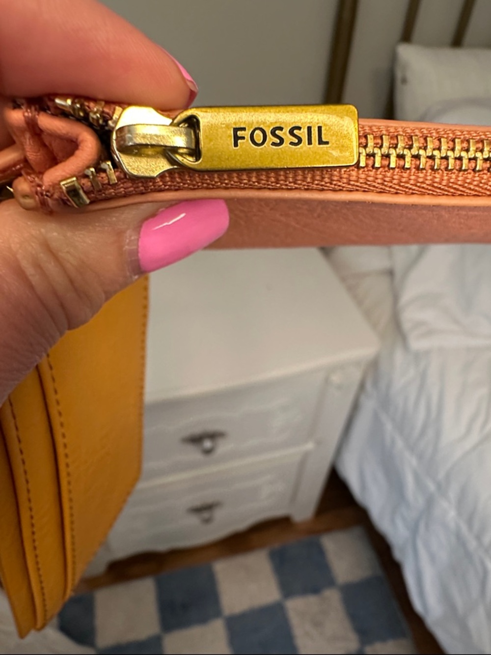 Fossil Pink Zip Pouch and Mustard Card Holder Keyring Set - Picture 3 of 4